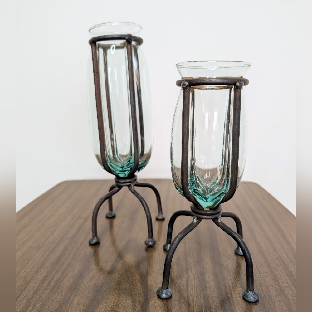 Pair Of Blown Caged Glass & Wrought Iron Metal Footed Vases Industrial Brutalist - Picture 9 of 14